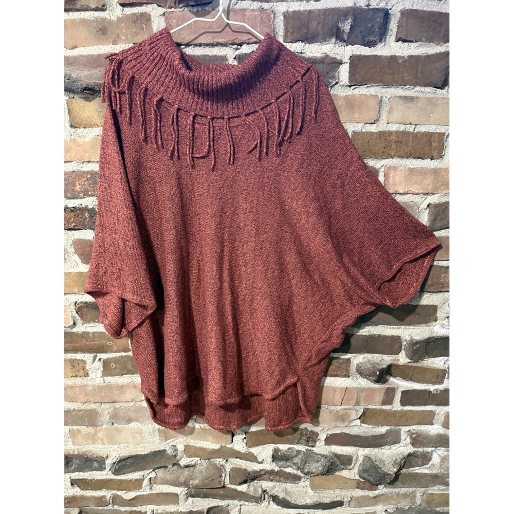 Unbranded Fringe Poncho Sweater Womens OS Rust Orange Western Boho Mock Neck